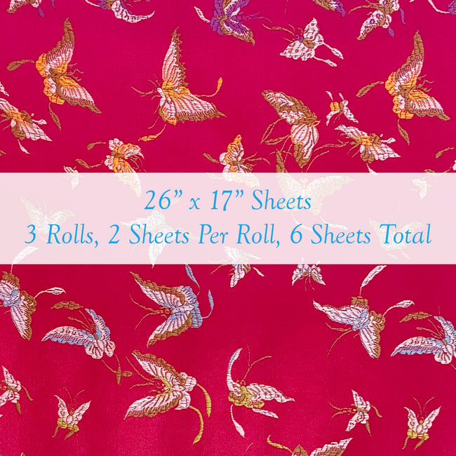 Wrapables Butterfly Satin Brocade Decorative Paper (Set of 3, Total 6 Sheets) - Magenta