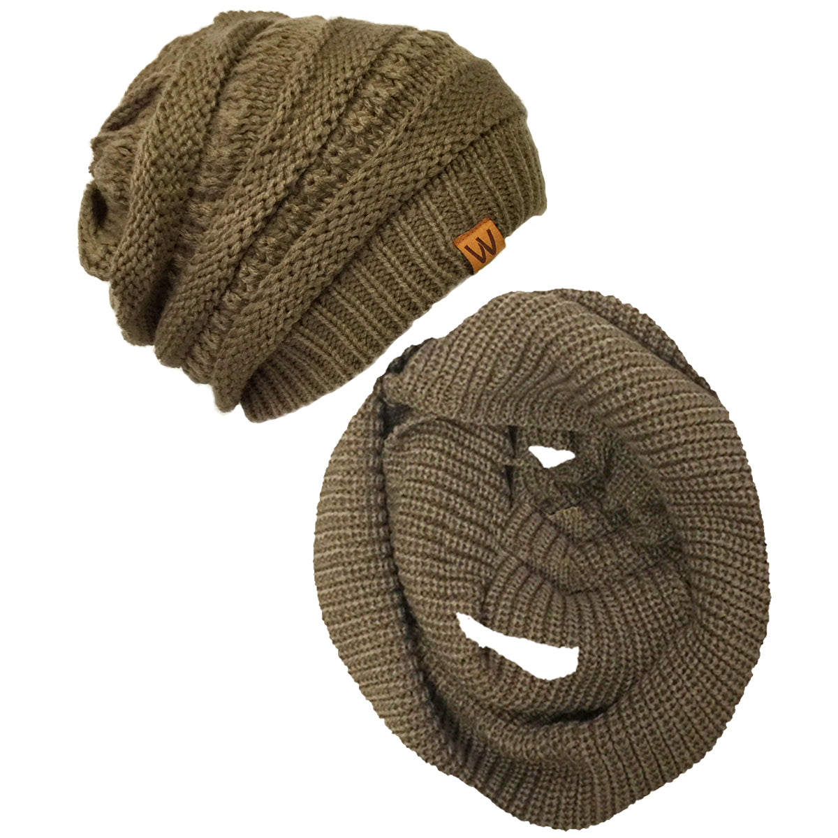 Wrapables Winter Warm Knitted Infinity Scarf and Beanie Hat Set, Brown Beaver