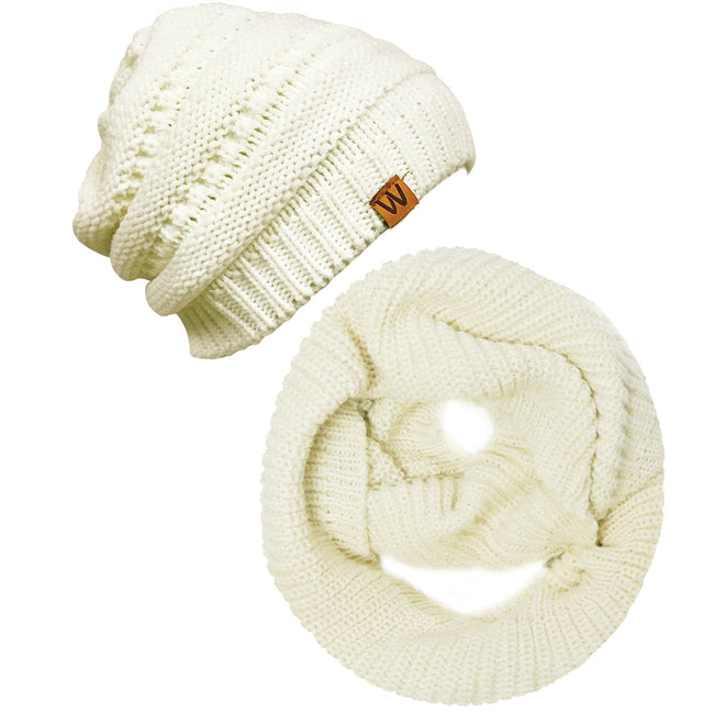 Wrapables Winter Warm Knitted Infinity Scarf and Beanie Hat Set, White