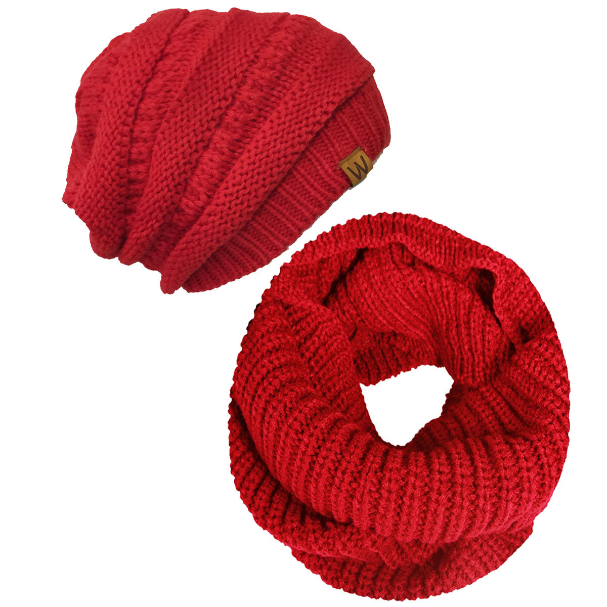 Wrapables Winter Warm Knitted Infinity Scarf and Beanie Hat Set, Red