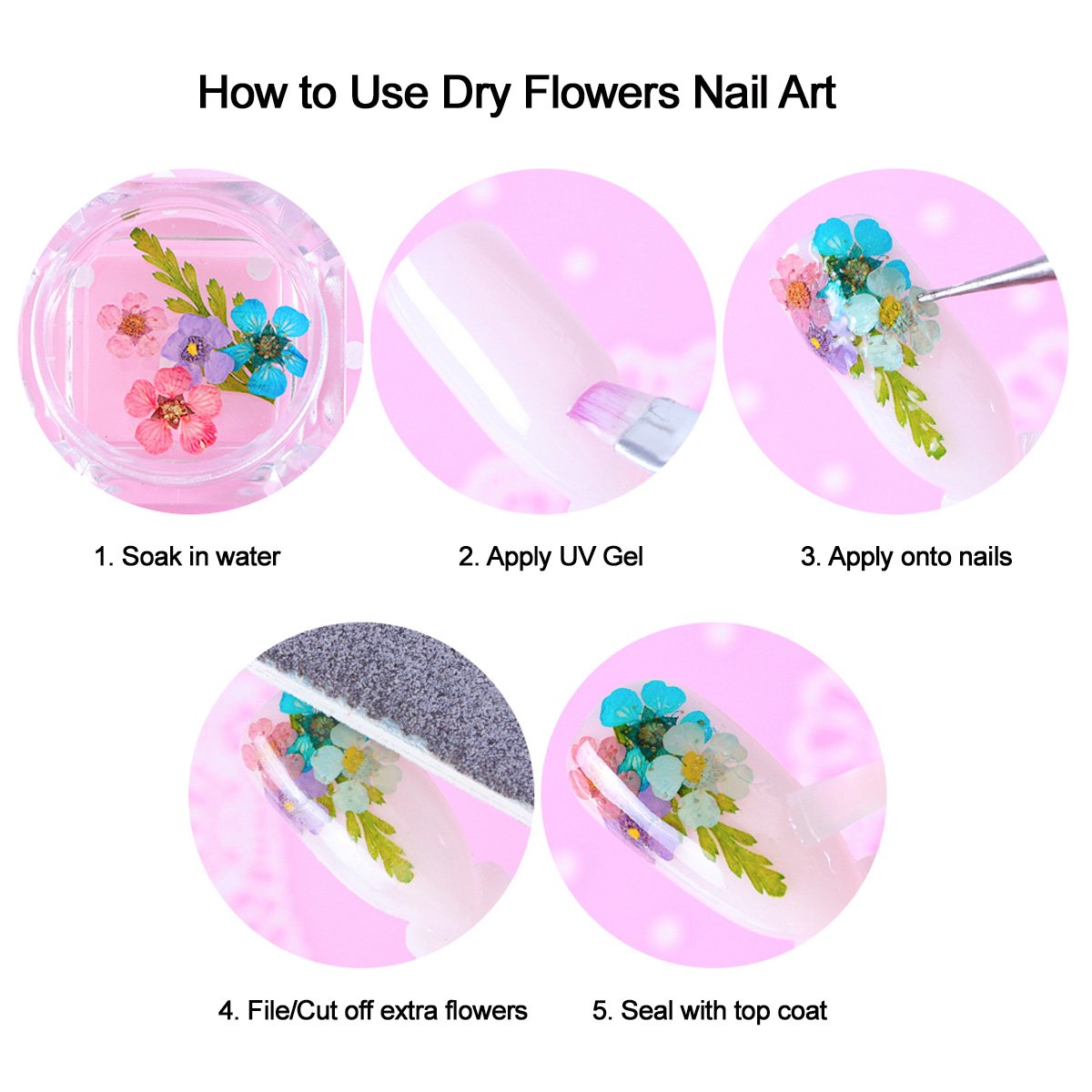 Wrapables Real Dry Flowers Nail Art 3d Flower Nail Decals Nail Manicure with Plastic Case (Set of 12), Sprig