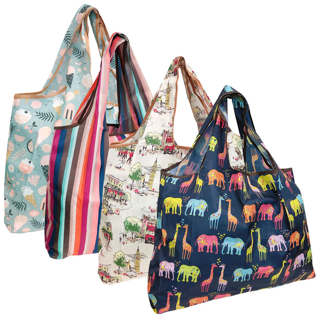 Wrapables Large Foldable Tote Nylon Reusable Grocery Bags, 4 Pack