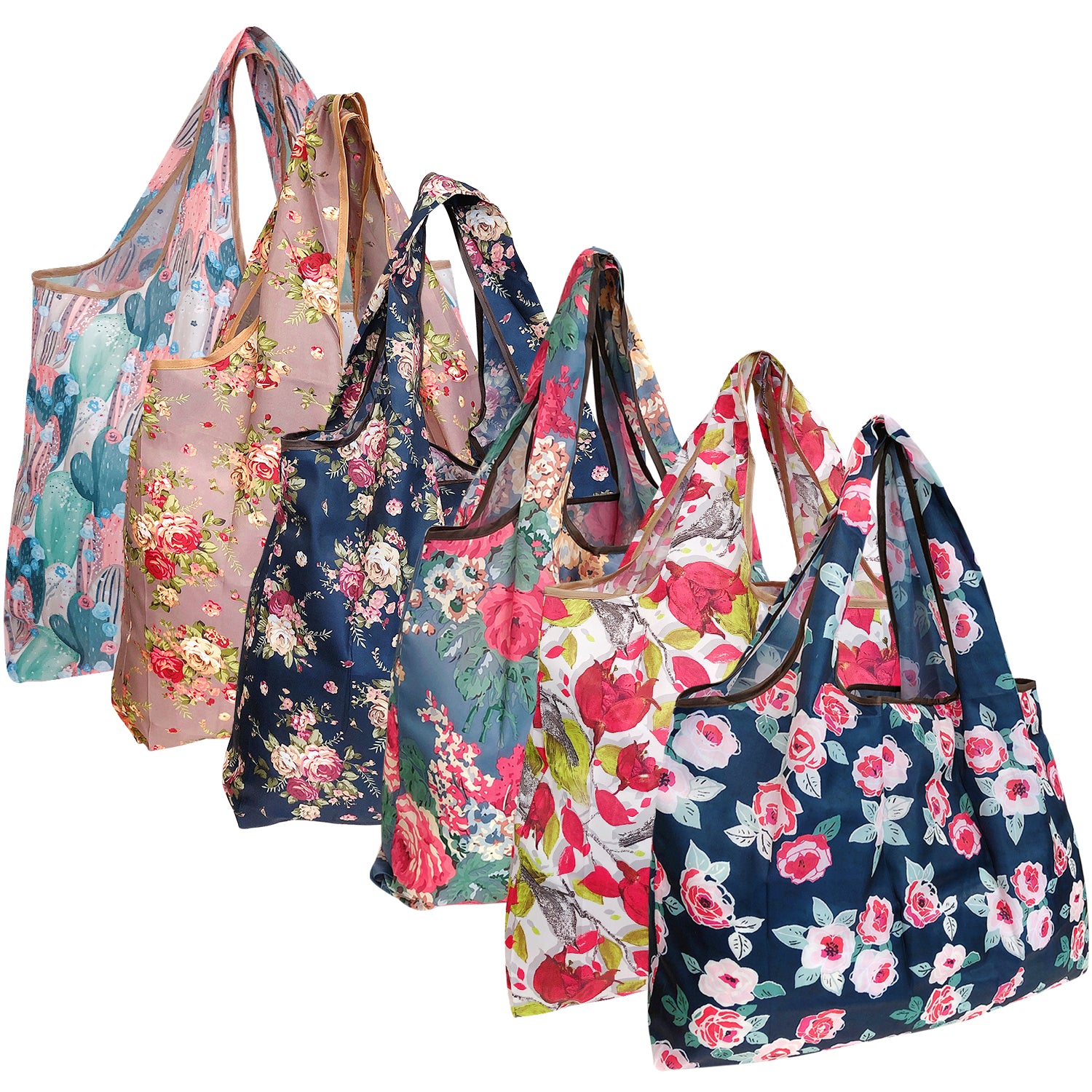 Wrapables Large Foldable Tote Nylon Reusable Grocery Bags, 6 Pack