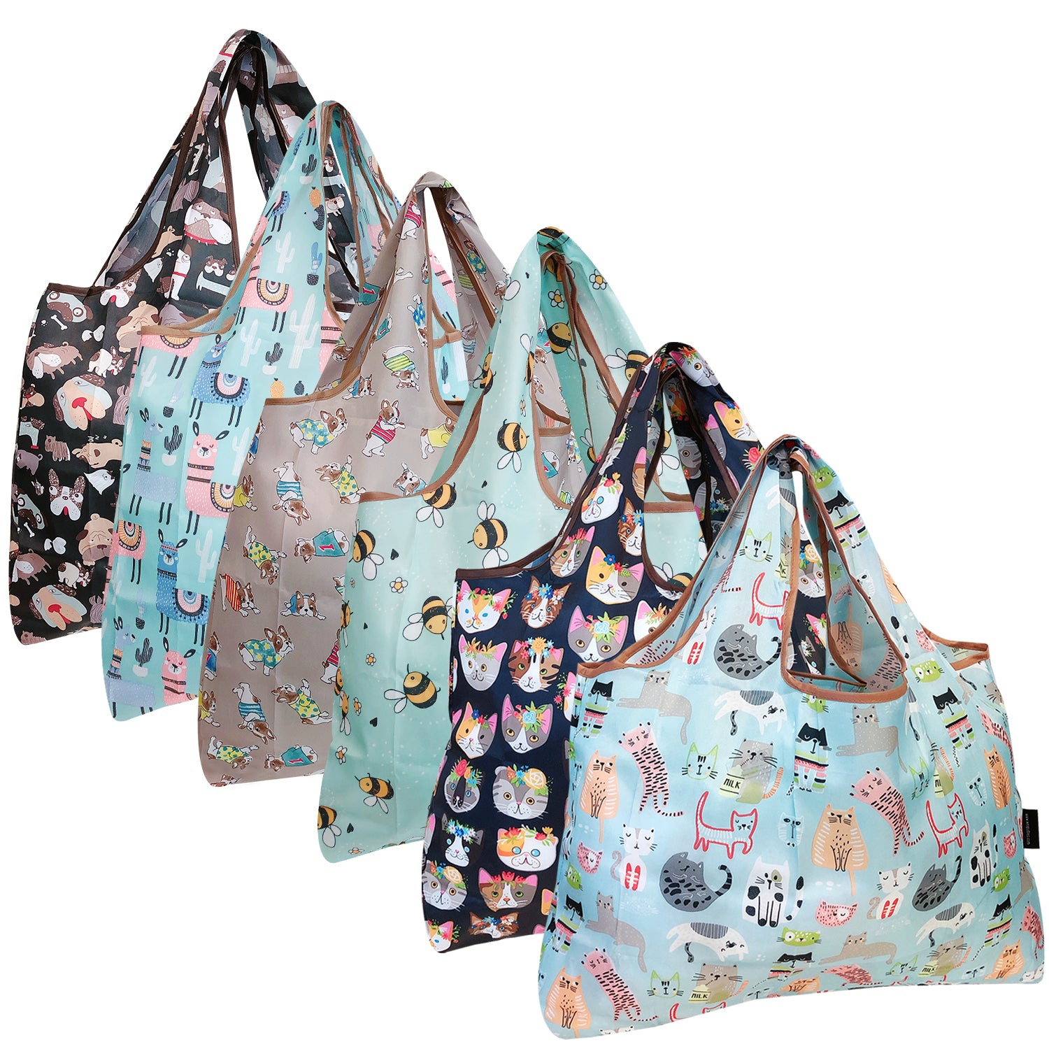 Wrapables Large Foldable Tote Nylon Reusable Grocery Bags, 6 Pack
