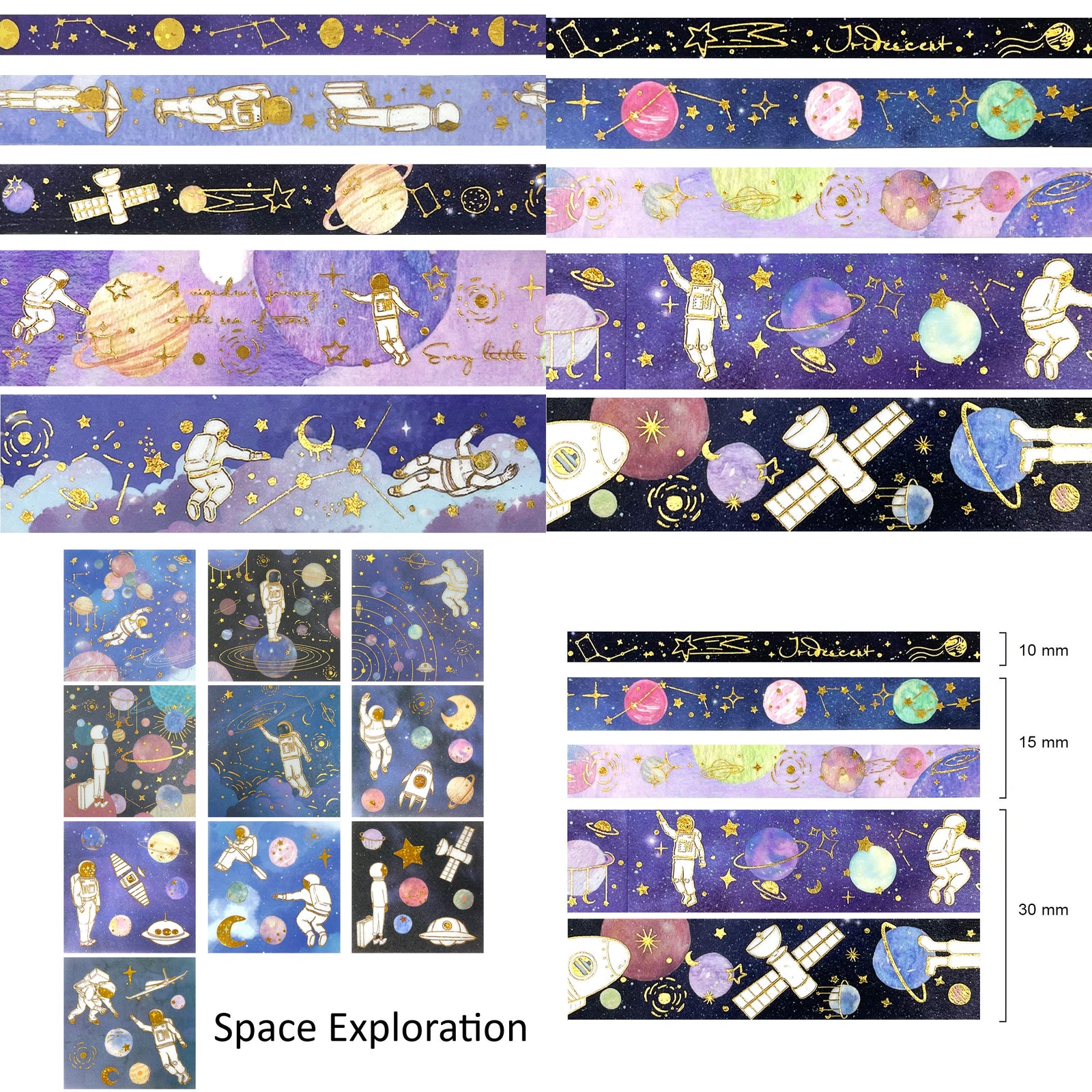 Wrapables Decorative Gold Foil Washi Tape and Sticker Set for Stationery, Diary, Card Making (10 Rolls & 10 Sheets)