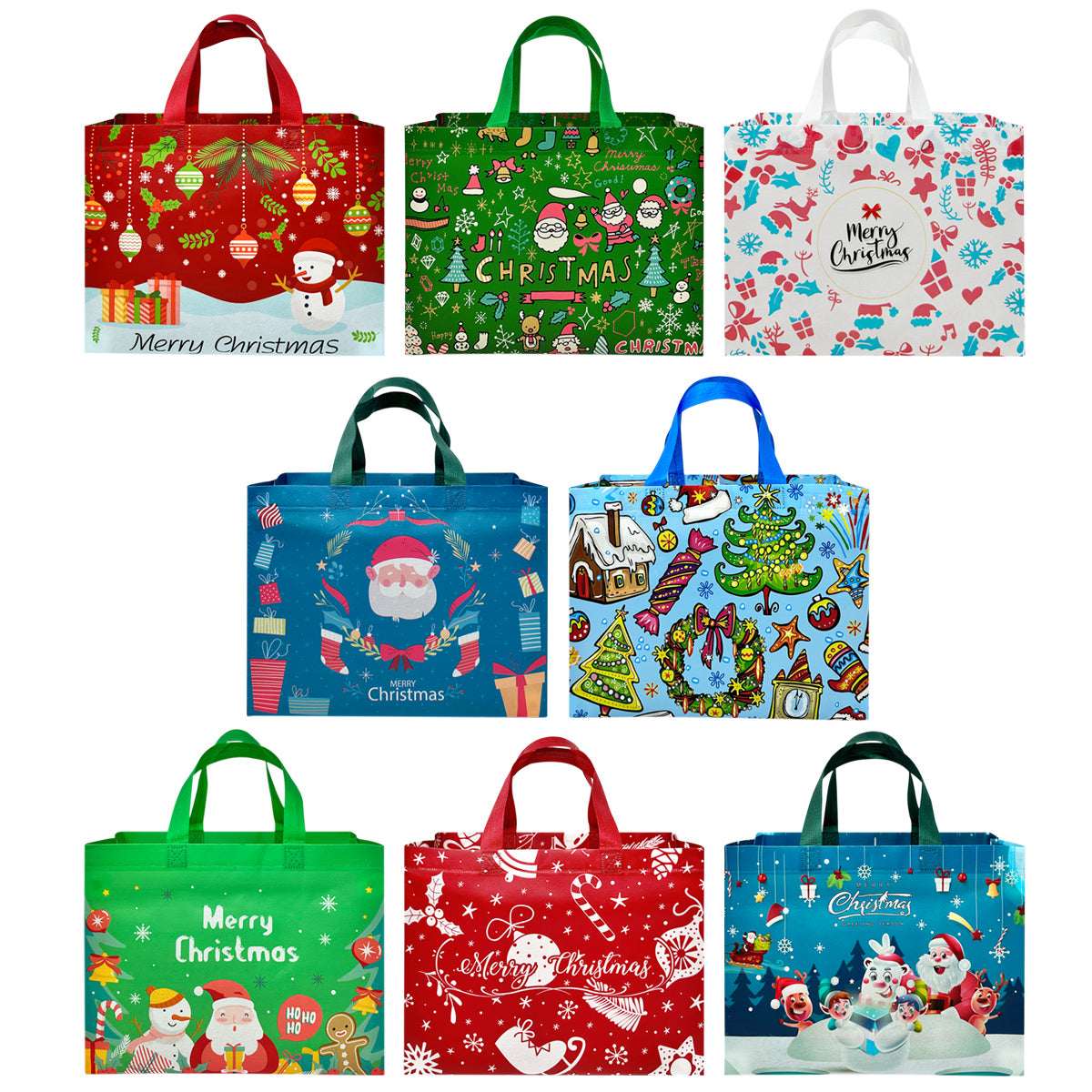 Wrapables Non-Woven Reusable Christmas Holidays Gift Bags with Handles for Gift Wrap, Parties, Favors and Treats (Set of 8)