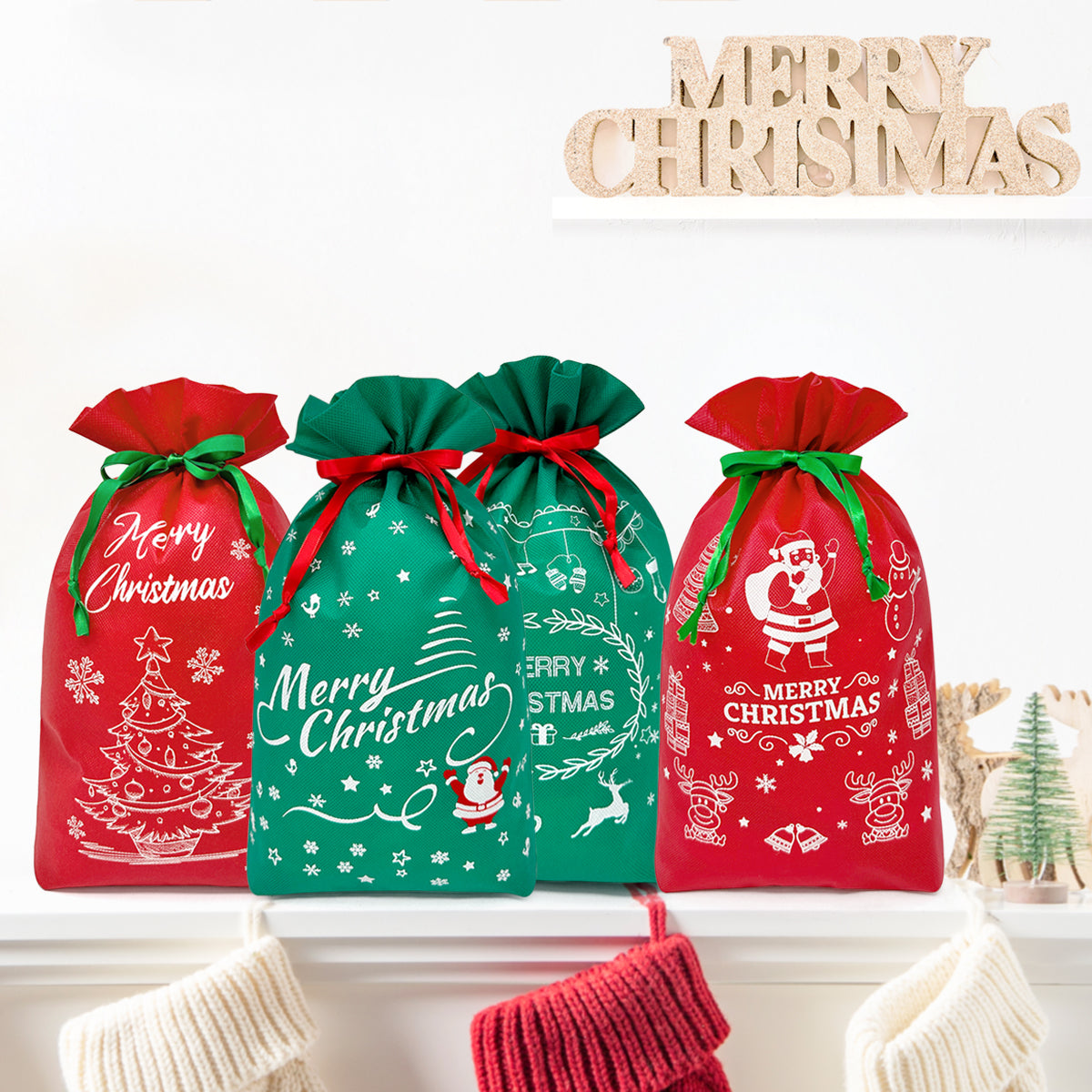 Wrapables Non-Woven Christmas Holiday Drawstring Gift Bags for Party Favors, Goodie Bag, Treats, Gift Wrap, Parties (Set of 8)