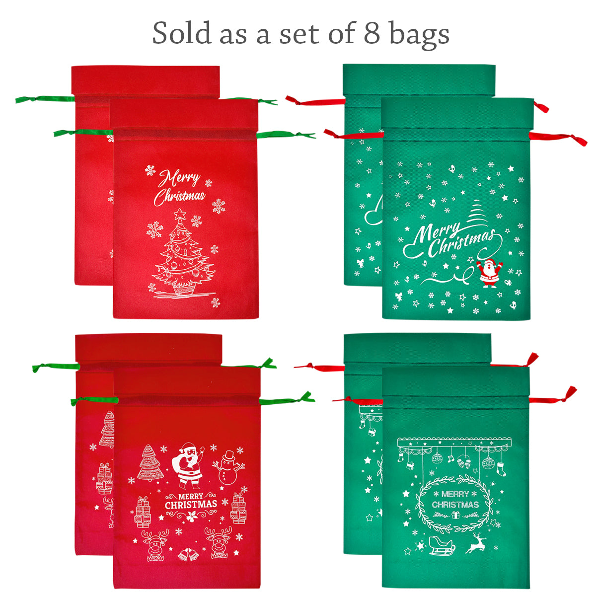 Wrapables Non-Woven Christmas Holiday Drawstring Gift Bags for Party Favors, Goodie Bag, Treats, Gift Wrap, Parties (Set of 8)
