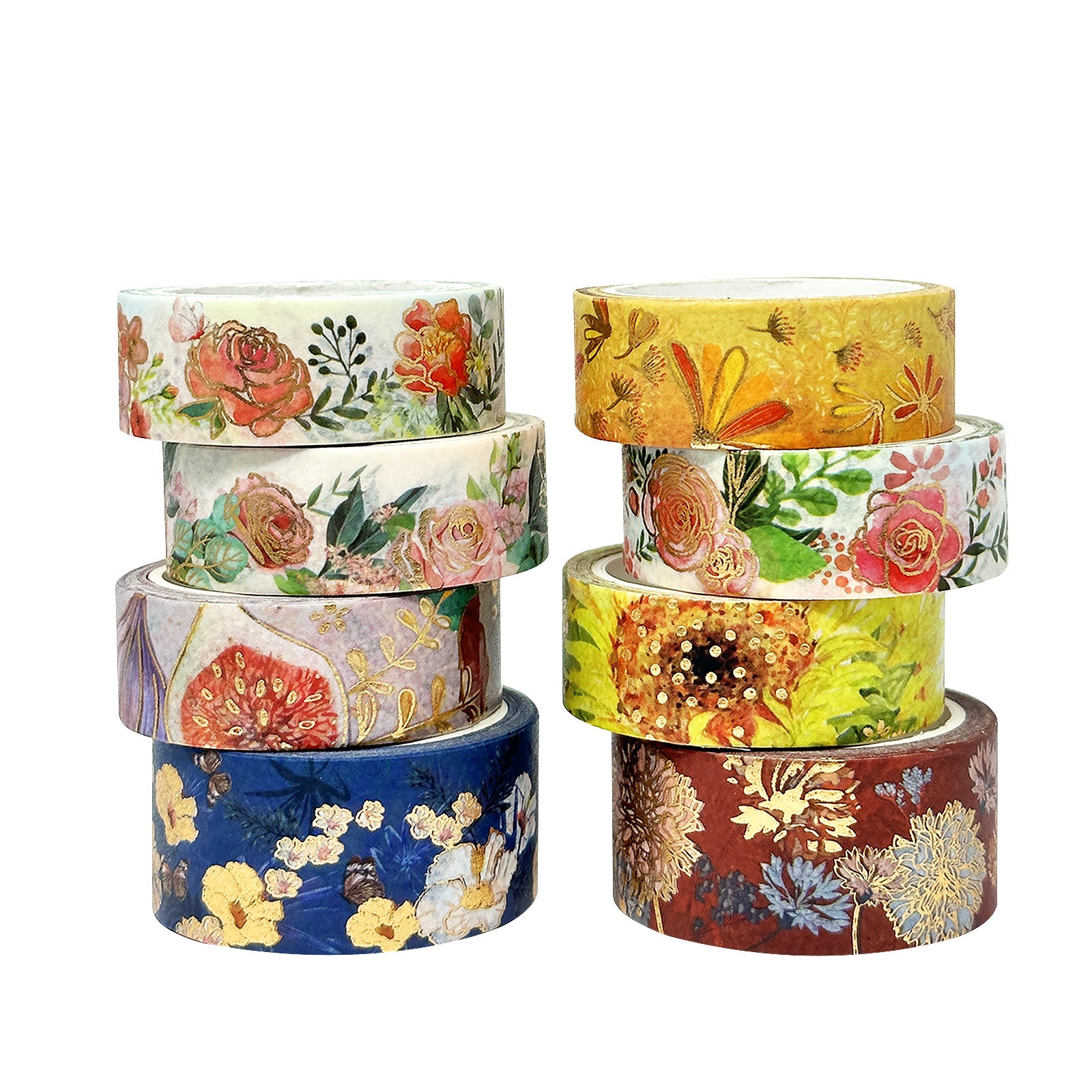 Wrapables Nature Metallic Foil Washi Tape Set for Scrapbooking, Stationery, Diary, Card Making, (8 Rolls), Floral Bloom