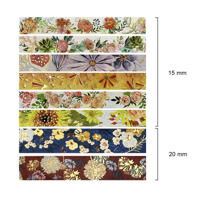 Wrapables Nature Metallic Foil Washi Tape Set for Scrapbooking, Stationery, Diary, Card Making, (8 Rolls), Floral Bloom