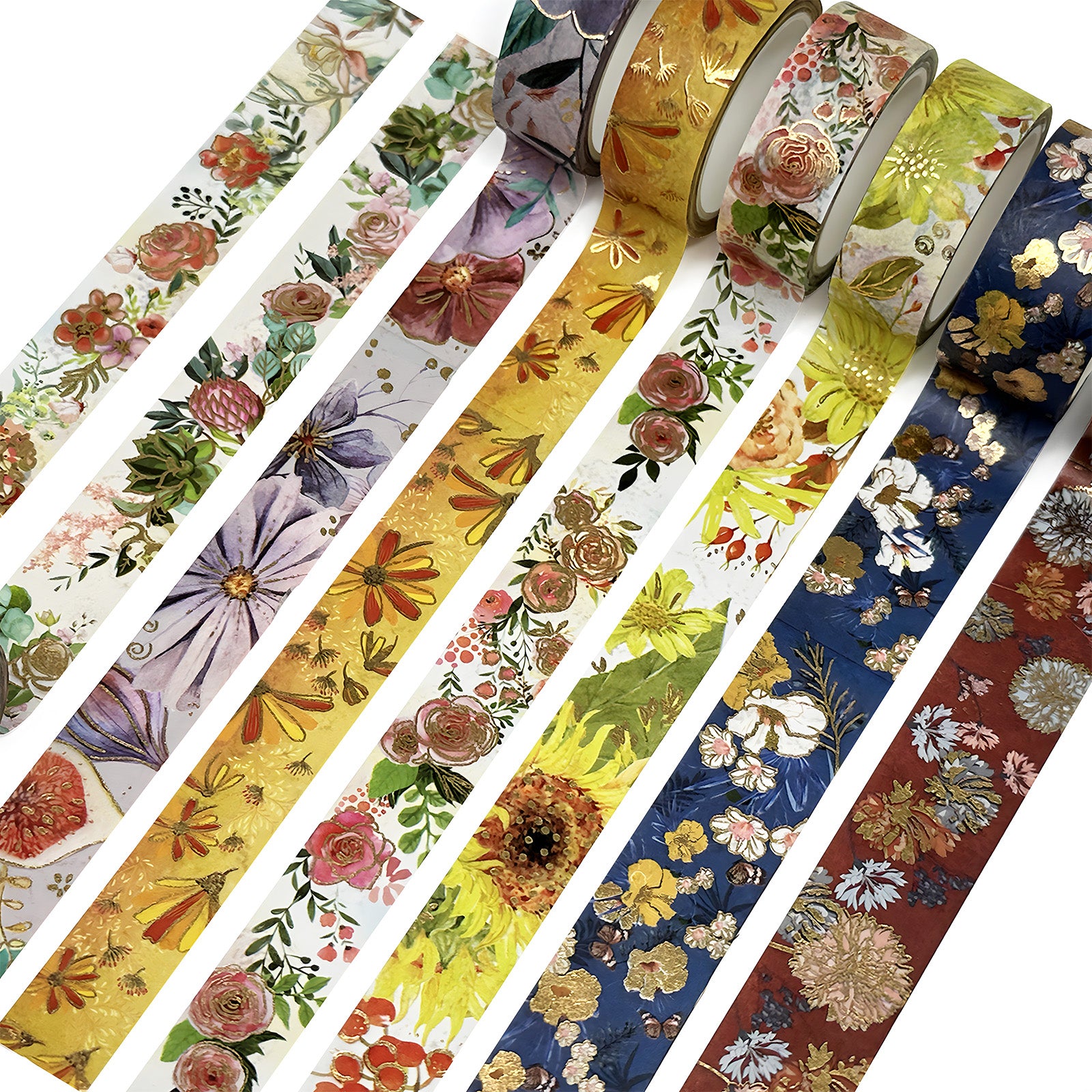 Wrapables Nature Metallic Foil Washi Tape Set for Scrapbooking, Stationery, Diary, Card Making, (8 Rolls), Floral Bloom