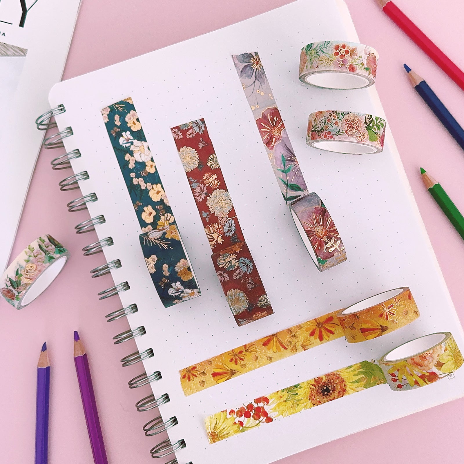 Wrapables Nature Metallic Foil Washi Tape Set for Scrapbooking, Stationery, Diary, Card Making, (8 Rolls), Floral Bloom