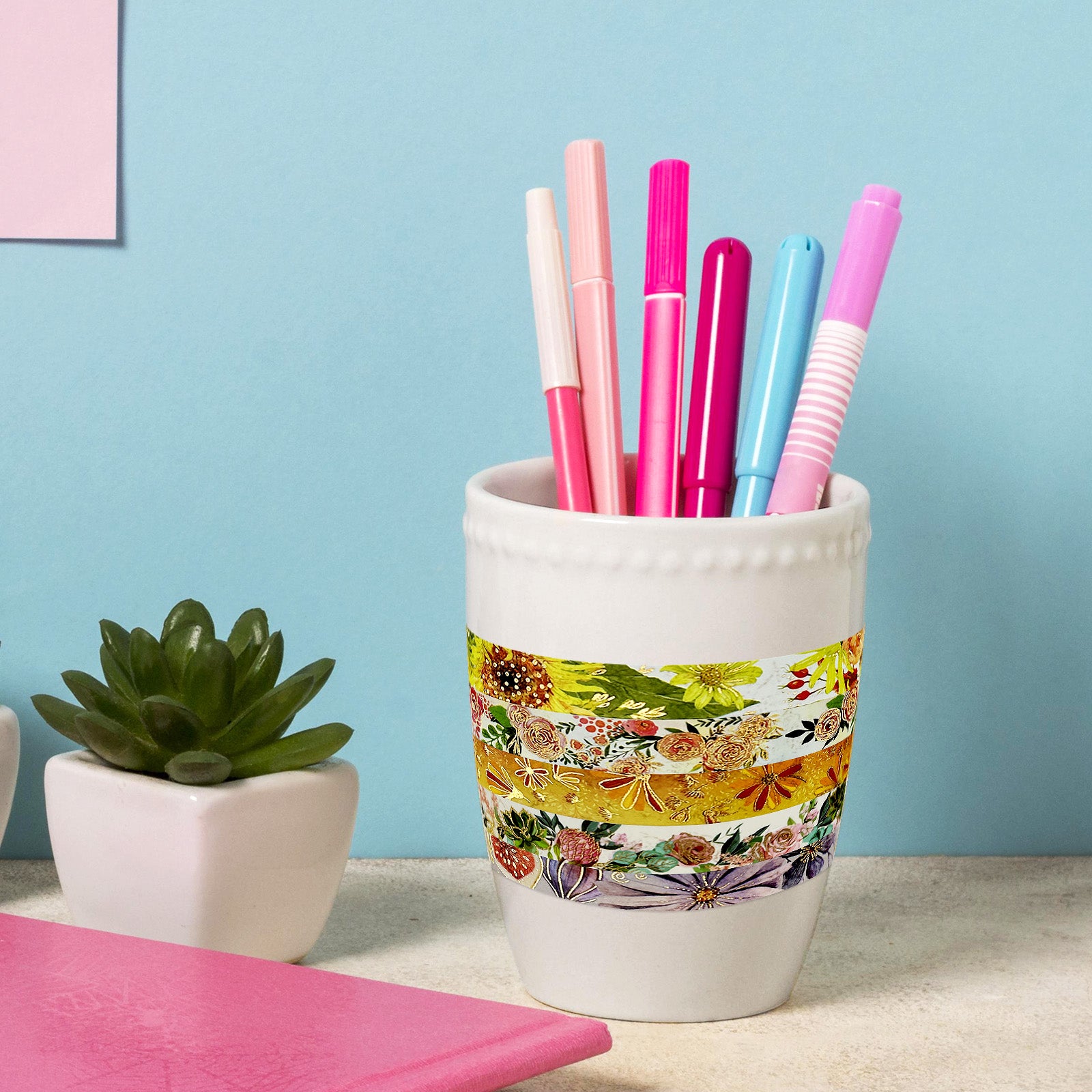 Wrapables Nature Metallic Foil Washi Tape Set for Scrapbooking, Stationery, Diary, Card Making, (8 Rolls), Floral Bloom
