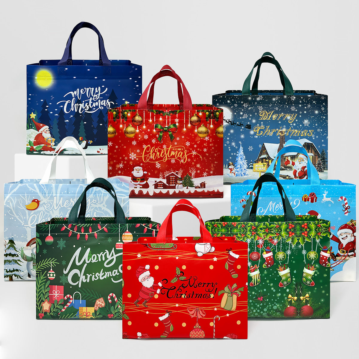 Wrapables Non-Woven Reusable Christmas Holidays Gift Bags with Handles for Gift Wrap, Parties, Favors and Treats (Set of 8)