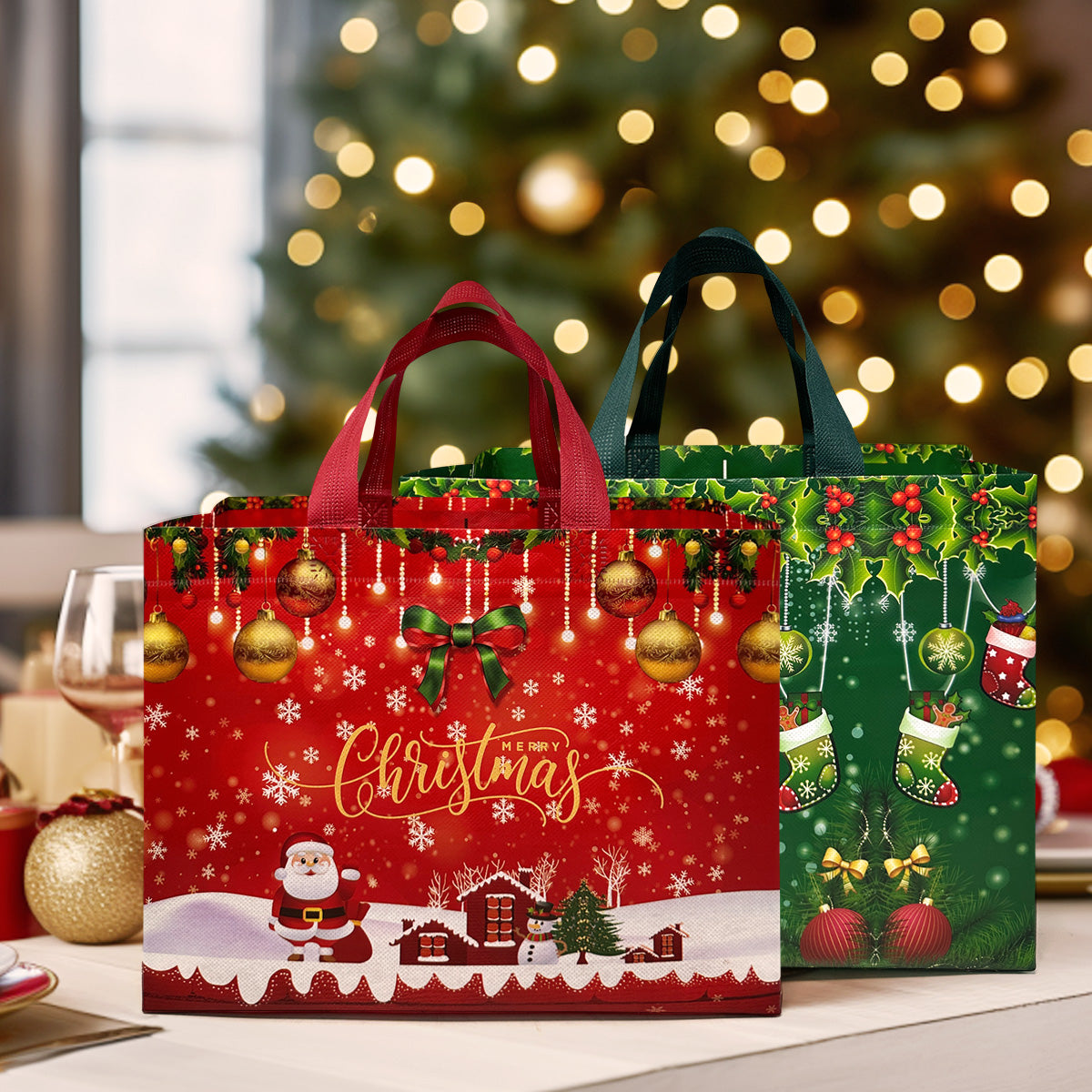 Wrapables Non-Woven Reusable Christmas Holidays Gift Bags with Handles for Gift Wrap, Parties, Favors and Treats (Set of 8)