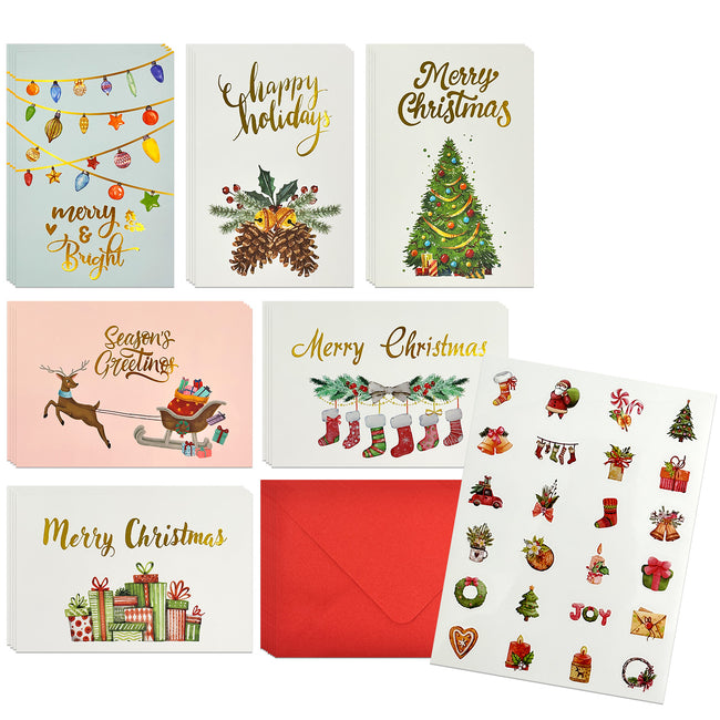 Wrapables Blank Gold Foil Christmas Greeting Cards with Envelopes & Stickers for Holidays, Friends, Family (Set of 24)