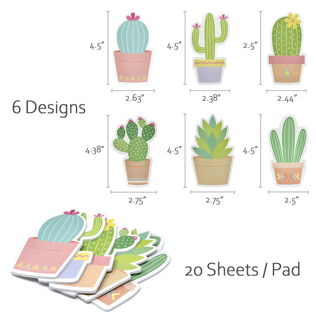 Wrapables Cute Cactus Succulents Sticky Notes, Adhesive Memo Notepads for Home, Office, Work (Set of 6)