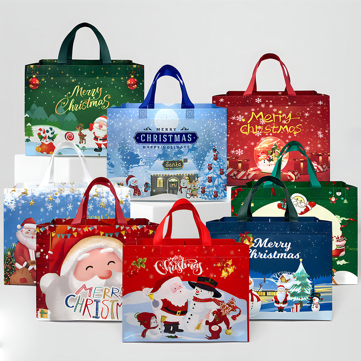 Wrapables Non-Woven Reusable Christmas Holidays Gift Bags with Handles for Gift Wrap, Parties, Favors and Treats (Set of 8)