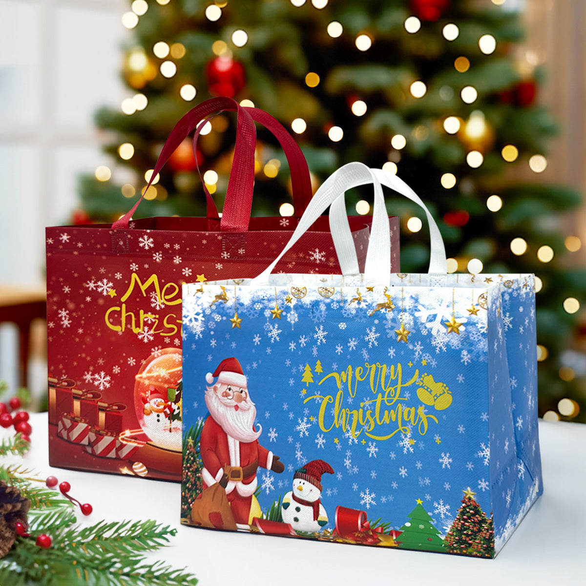 Wrapables Non-Woven Reusable Christmas Holidays Gift Bags with Handles for Gift Wrap, Parties, Favors and Treats (Set of 8)
