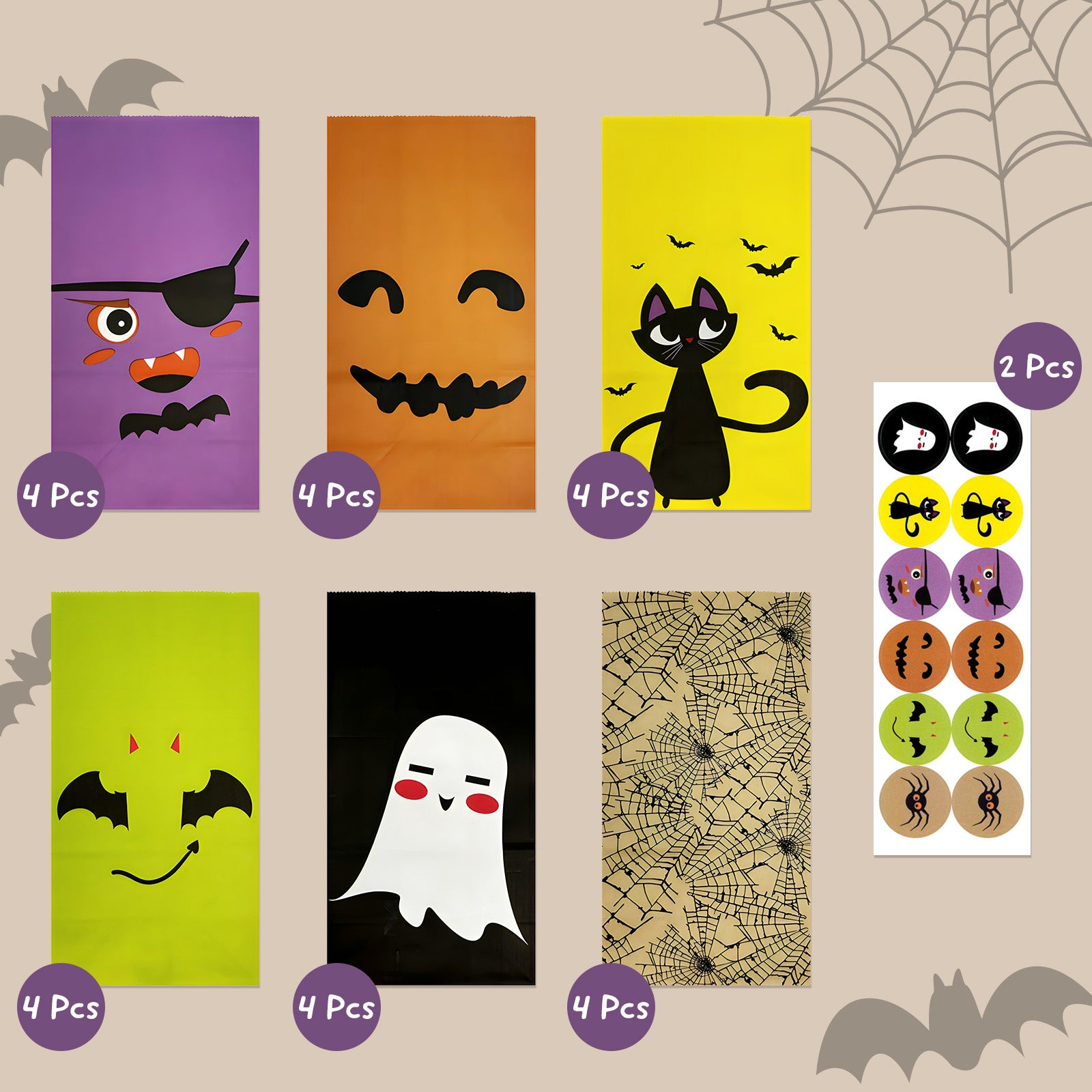 Wrapables Halloween Trick or Treat Bags with Stickers, Goody Bags for Parties, Candy and Treats (Set of 24)