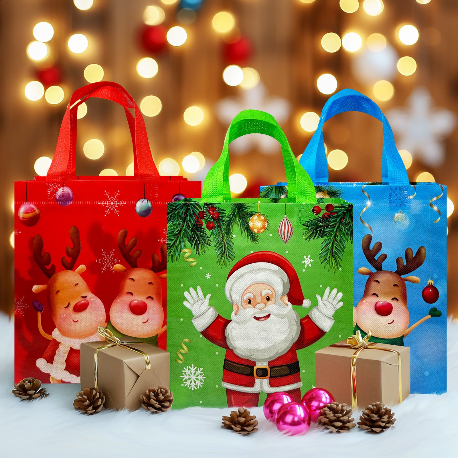Wrapables Non-Woven Reusable Cheerful Christmas Gift Bags