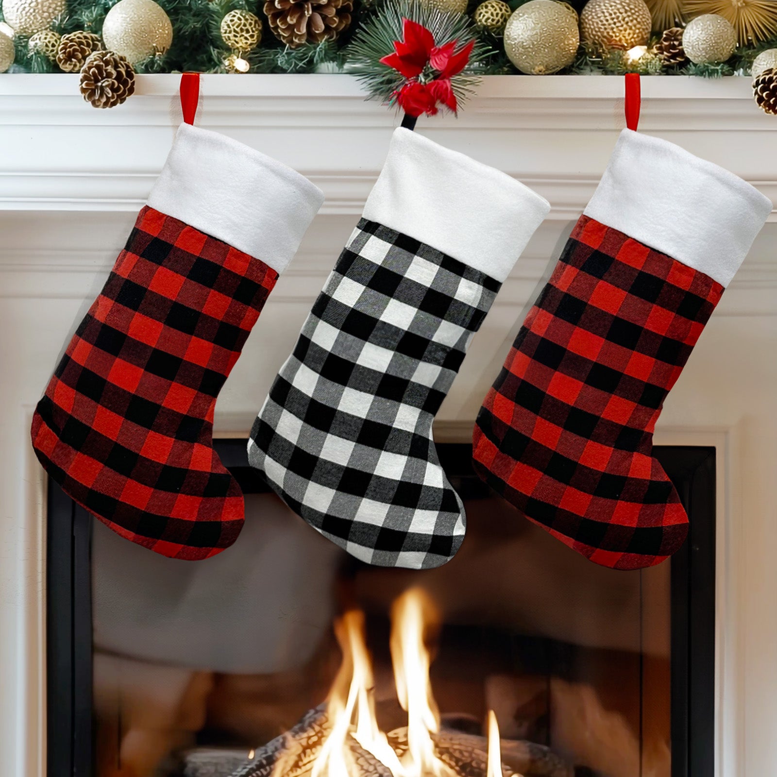 Wrapables Christmas Buffalo Plaid Stockings With Plush White Cuff, Hanging Fireplace Holiday Decoration (Set of 3), Black