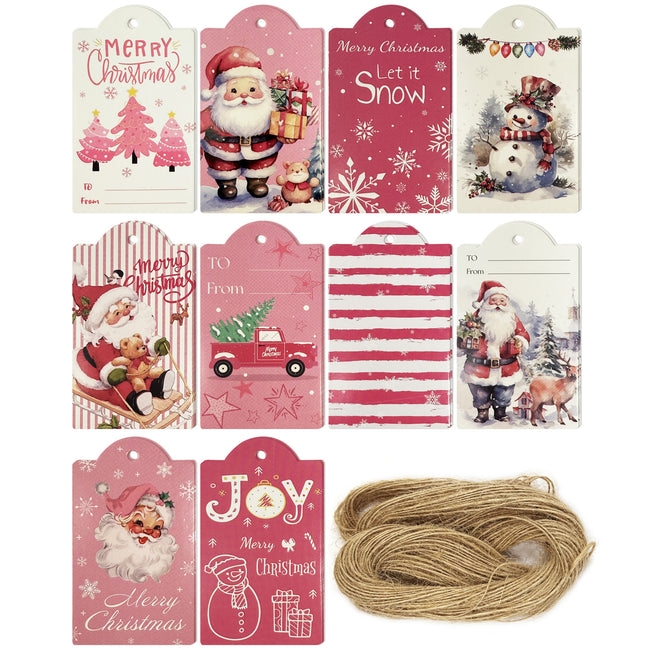 Wrapables Festive Fun Xmas Gift Tags with Jute String (60pcs), Pretty in Pink