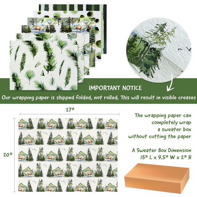 Wrapables 12pcs Christmas Wrapping Paper, Holiday Gift Wrap Paper Sheets Folded Flat, Green Nature