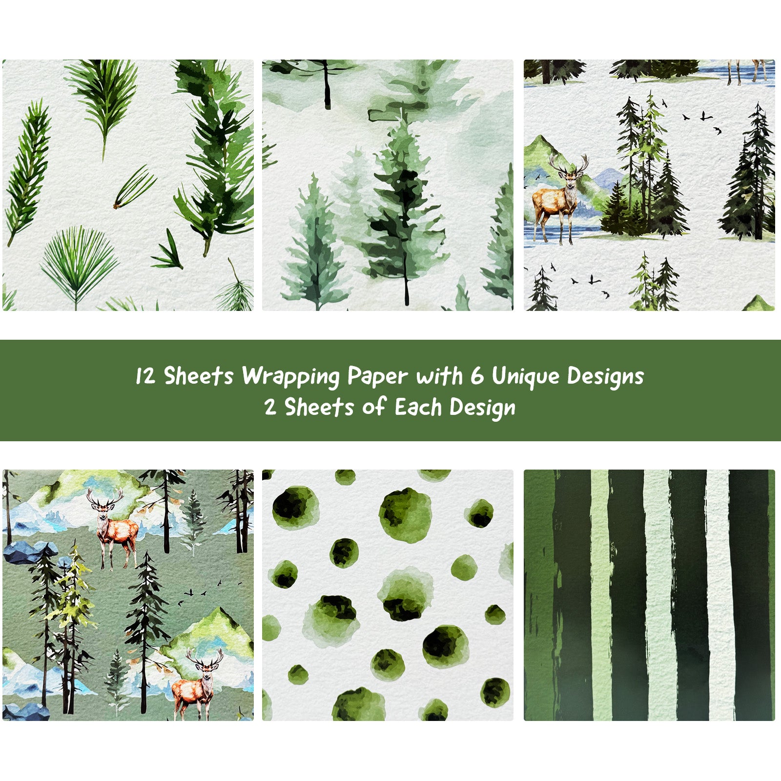 Wrapables 12pcs Christmas Wrapping Paper, Holiday Gift Wrap Paper Sheets Folded Flat, Green Nature