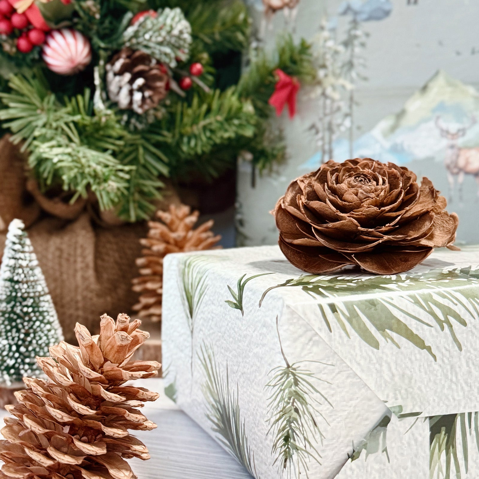 Wrapables 12pcs Christmas Wrapping Paper, Holiday Gift Wrap Paper Sheets Folded Flat, Green Nature