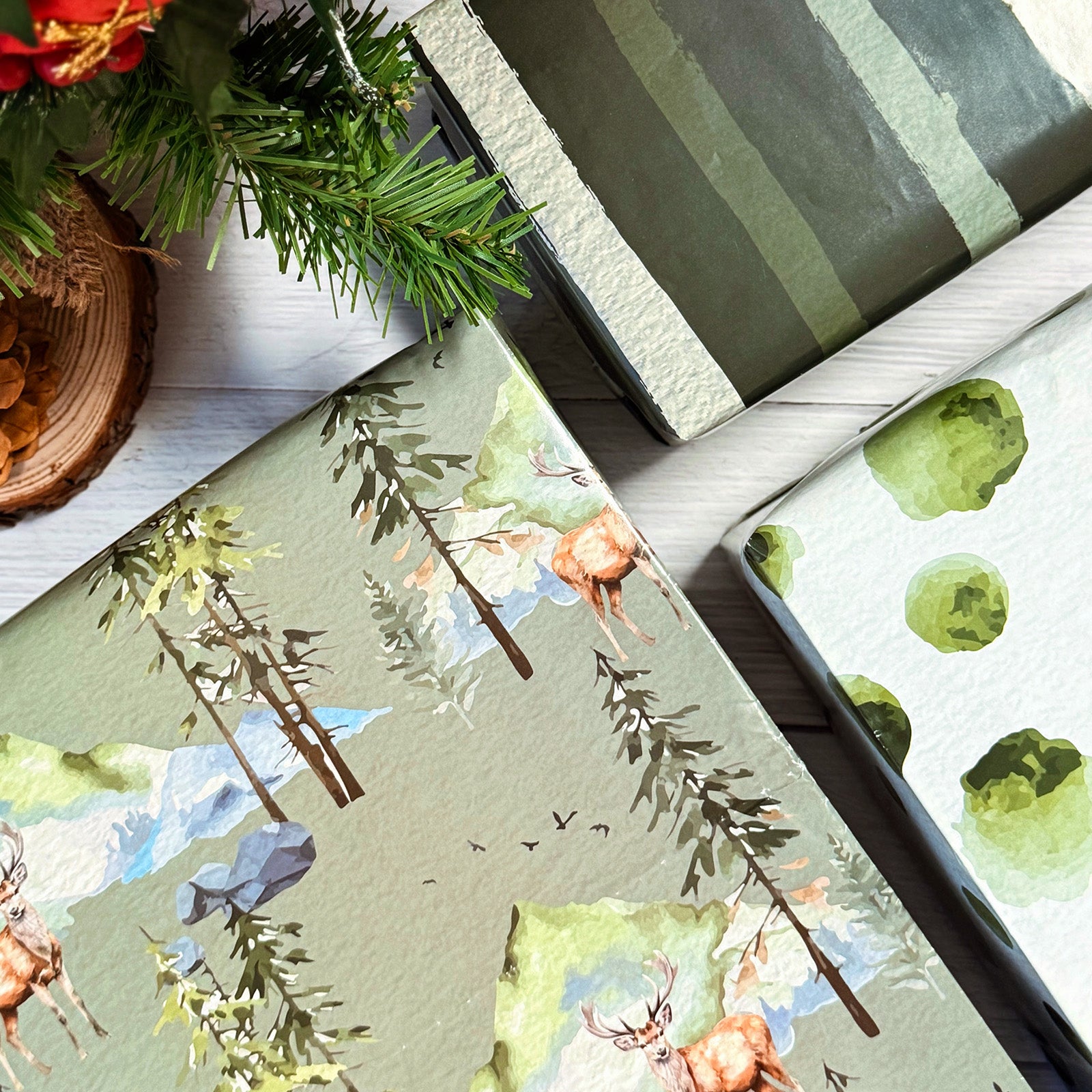 Wrapables 12pcs Christmas Wrapping Paper, Holiday Gift Wrap Paper Sheets Folded Flat, Green Nature