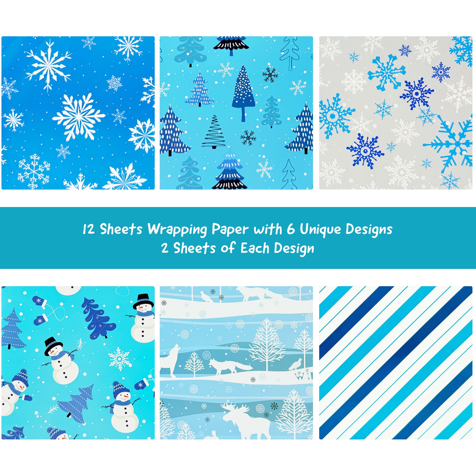 Wrapables 12pcs Christmas Wrapping Paper, Holiday Gift Wrap Paper Sheets Folded Flat, Blue Snowflake
