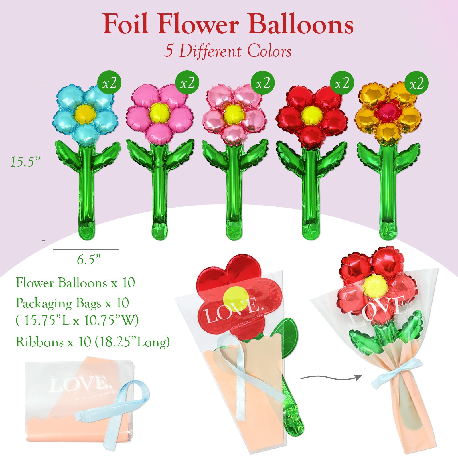 Wrapables Aluminum Foil Flower Balloons for Mother's Day, Valentine's Day, Easter, Birthday Parties (Set of 10)