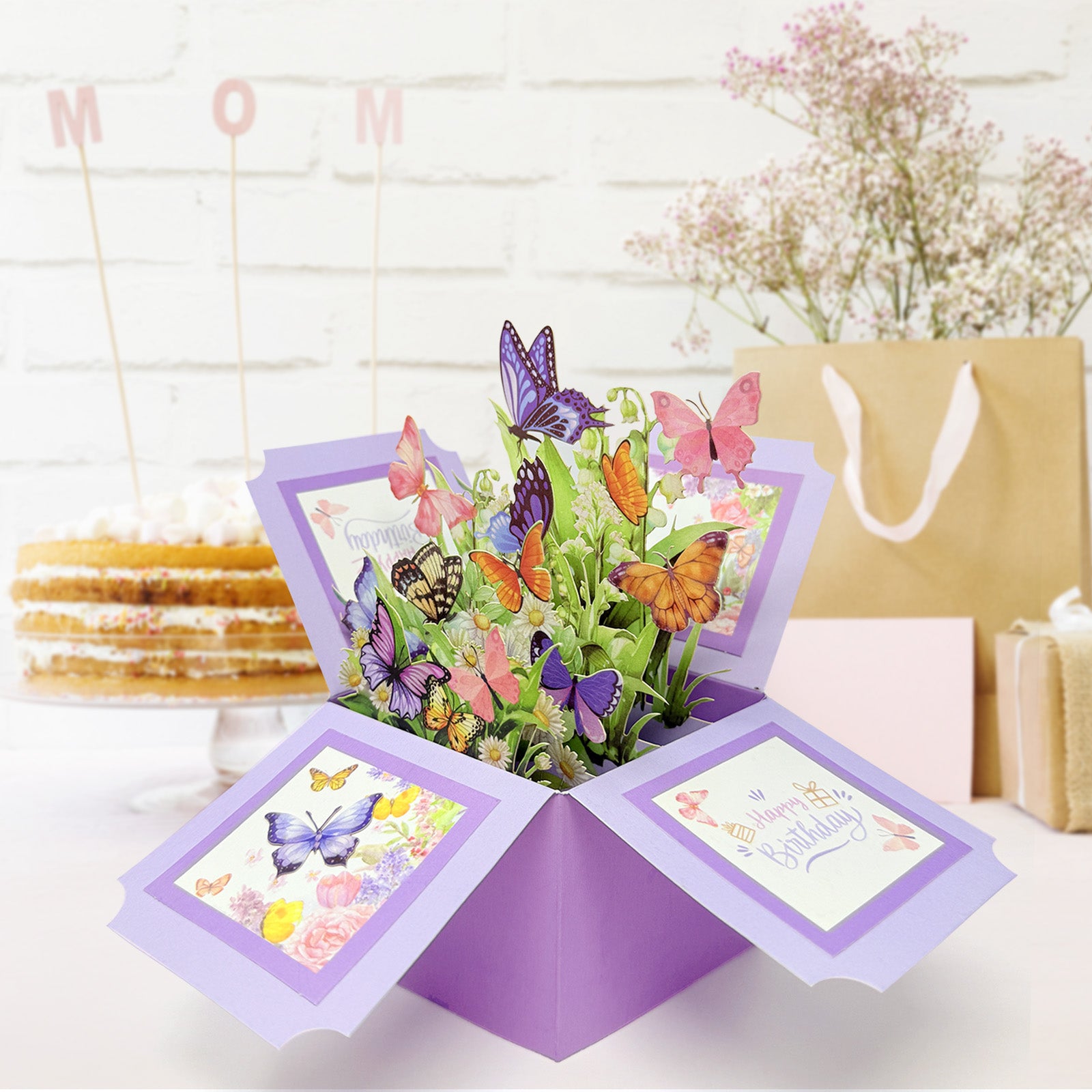 Wrapables 3D Pop Up Floral Greeting Card, Flower Bouquet Card for Birthdays, Butterflies
