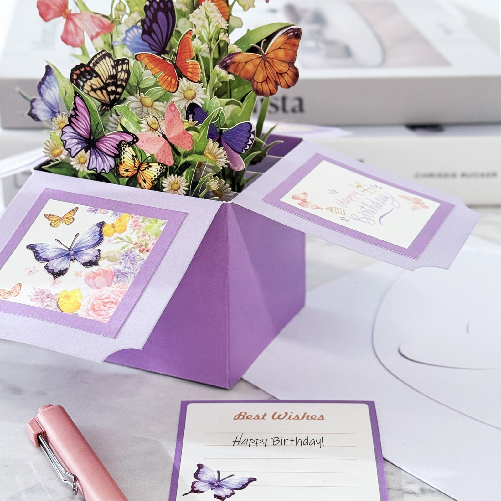 Wrapables 3D Pop Up Floral Greeting Card, Flower Bouquet Card for Birthdays, Butterflies