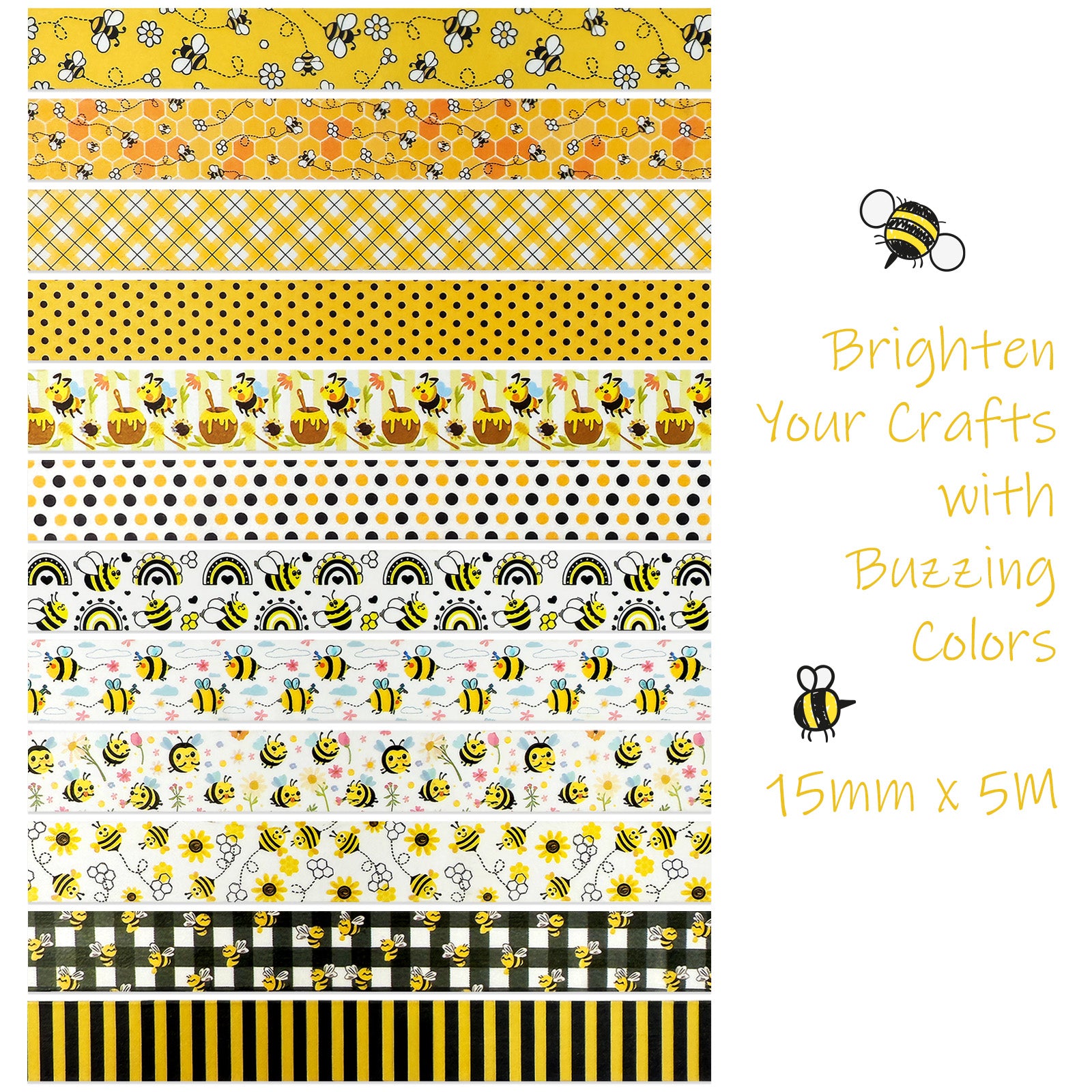 Wrapables Yellow Bees Washi Tape Set for Arts & Crafts, Scrapbooking, Stationery, Diary, Card Making (12 Rolls)