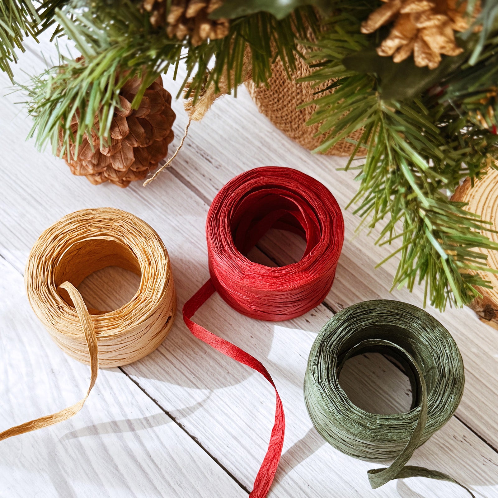Wrapables Christmas Raffia Ribbons 492 Feet Total, Paper Twine for Gift Wrapping, DIY Crafts, Decorations (Set of 3)