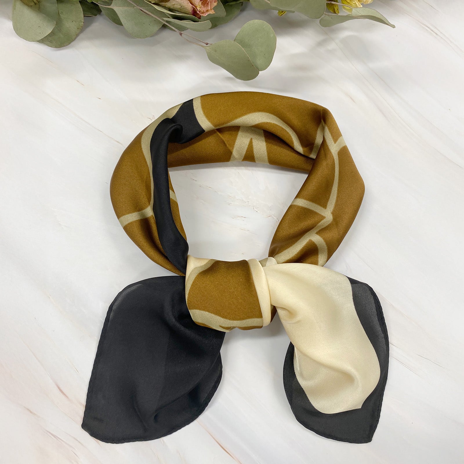 Wrapables Satin Neckerchief Square Scarf 26.5 x 26.5 Inches, Brown Lilies