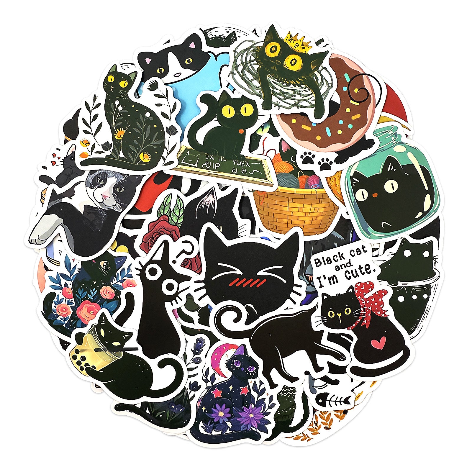 Wrapables Waterproof Vinyl Stickers for Water Bottles, Laptop, Phones, Skateboards, Decals for Teens, 100pcs, Black Cats