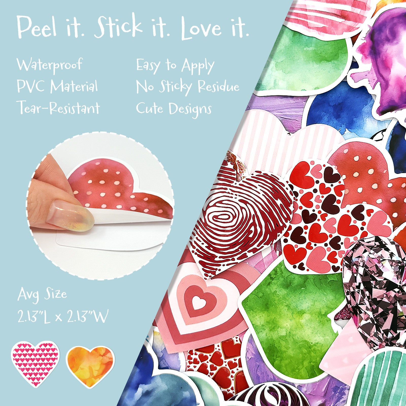 Wrapables Waterproof Vinyl Stickers for Water Bottles, Laptop, Phones, Skateboards, Decals for Teens, 100pcs, Love Hearts