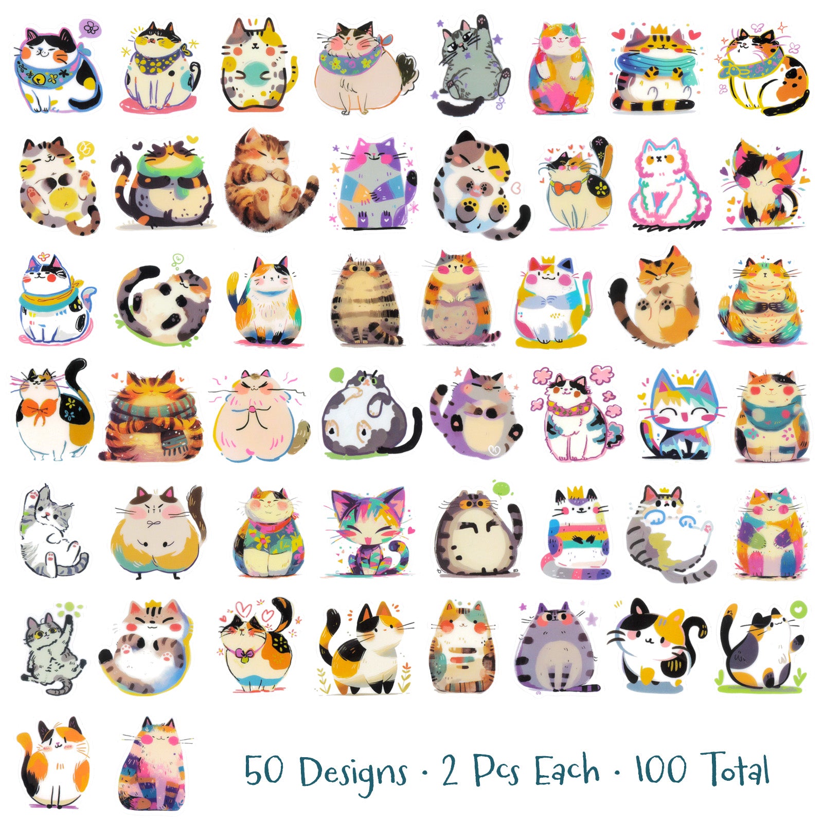 Wrapables Waterproof Transparent PET Stickers for Water Bottles, Laptop, Phones, Skateboards, Decals for Teens, 100pcs, Curious Cats