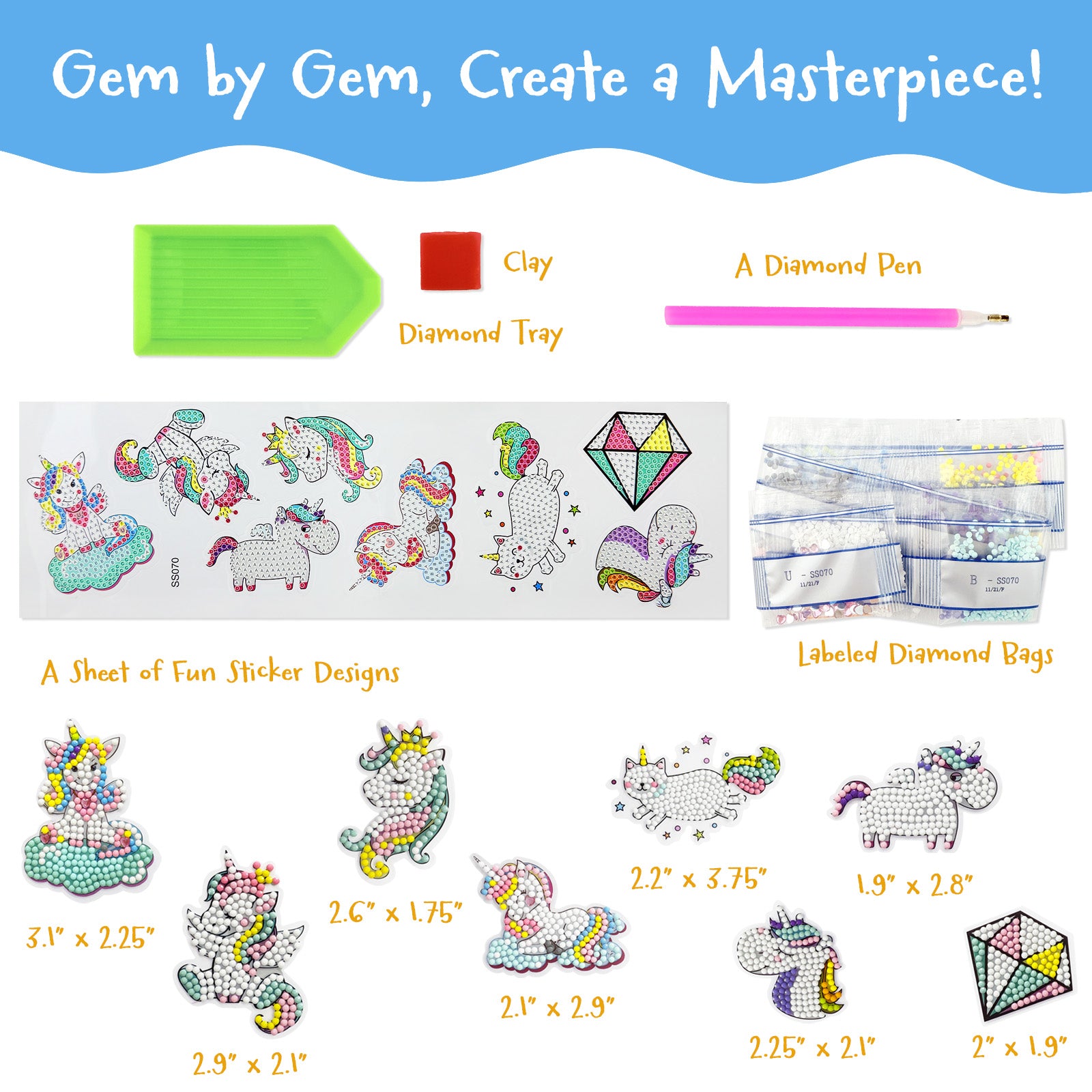 Wrapables Diamond Art Kits, 5D Gem Painting DIY Arts & Crafts Stickers, 8pcs Unicorns