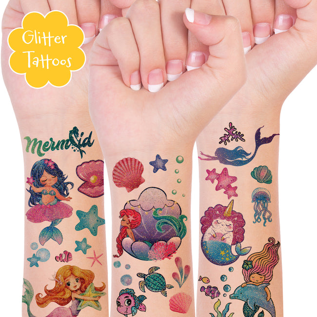 Wrapables Waterproof Glitter Temporary Tattoos, Birthday Party Favors and Supplies, Goodie Bag Fillers, 12 Sheets Mermaids