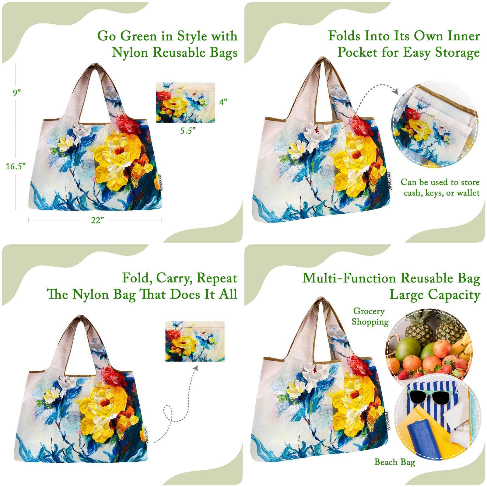 Wrapables Large Foldable Oil Painting Nylon Reusable Grocery Bag