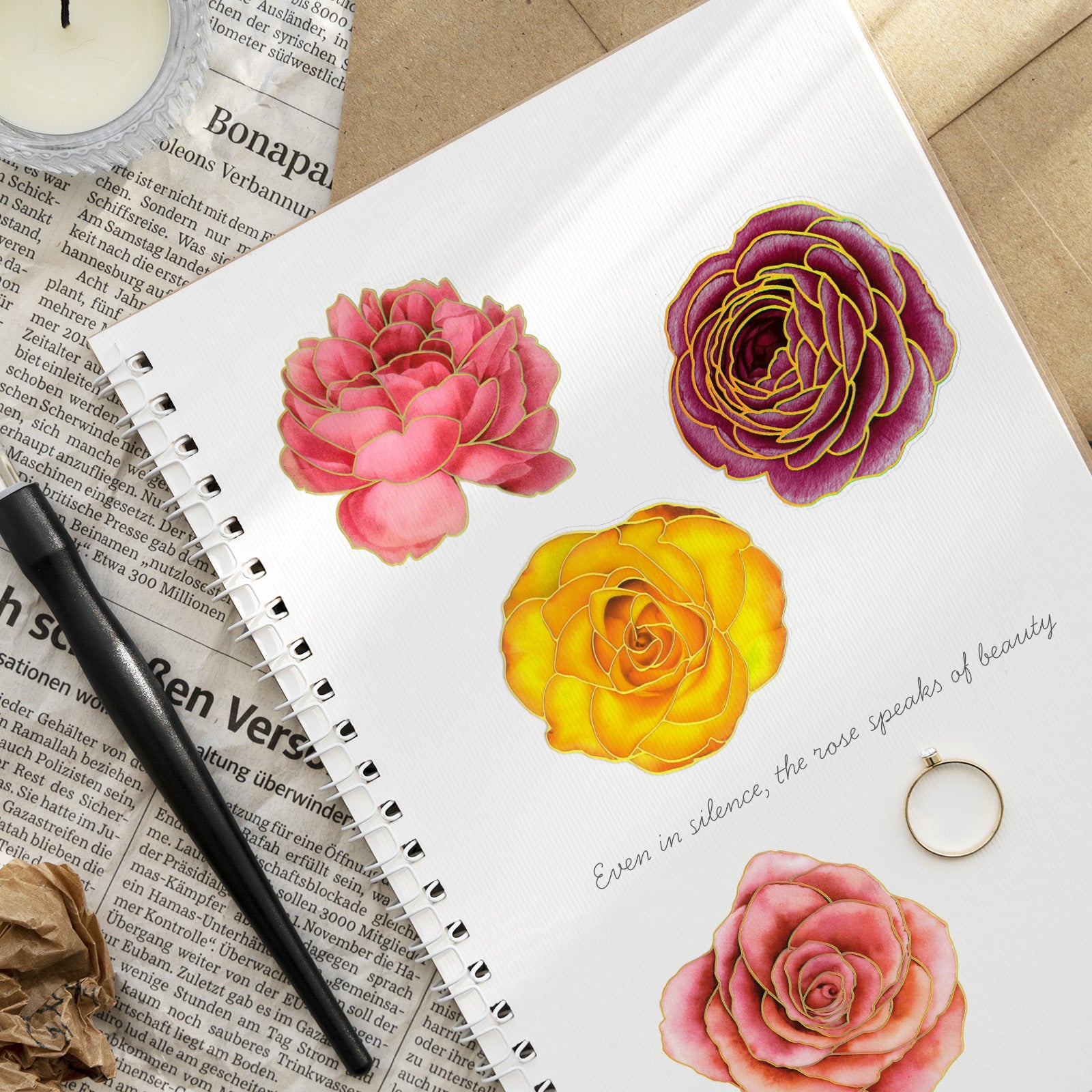 Wrapables PET Floral Stickers with Holographic Outlines for Scrapbooking, Journaling, Water Bottles, Phones, Laptops (Set of 3)