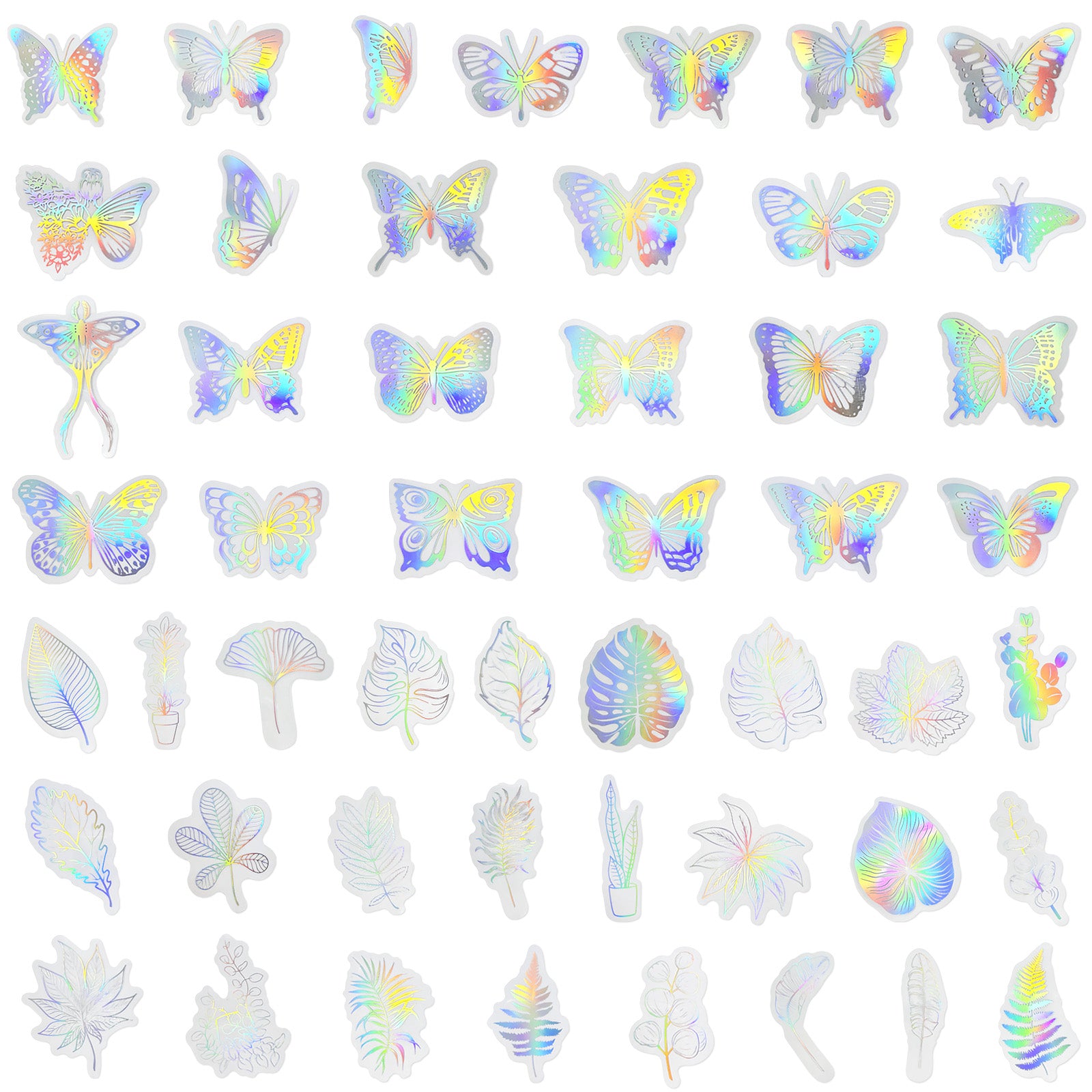 Wrapables Waterproof Transparent Holographic Glitter PET Butterfly and Leaf Stickers for Scrapbooking, Journaling, Water Bottles, Phones, (100pcs)
