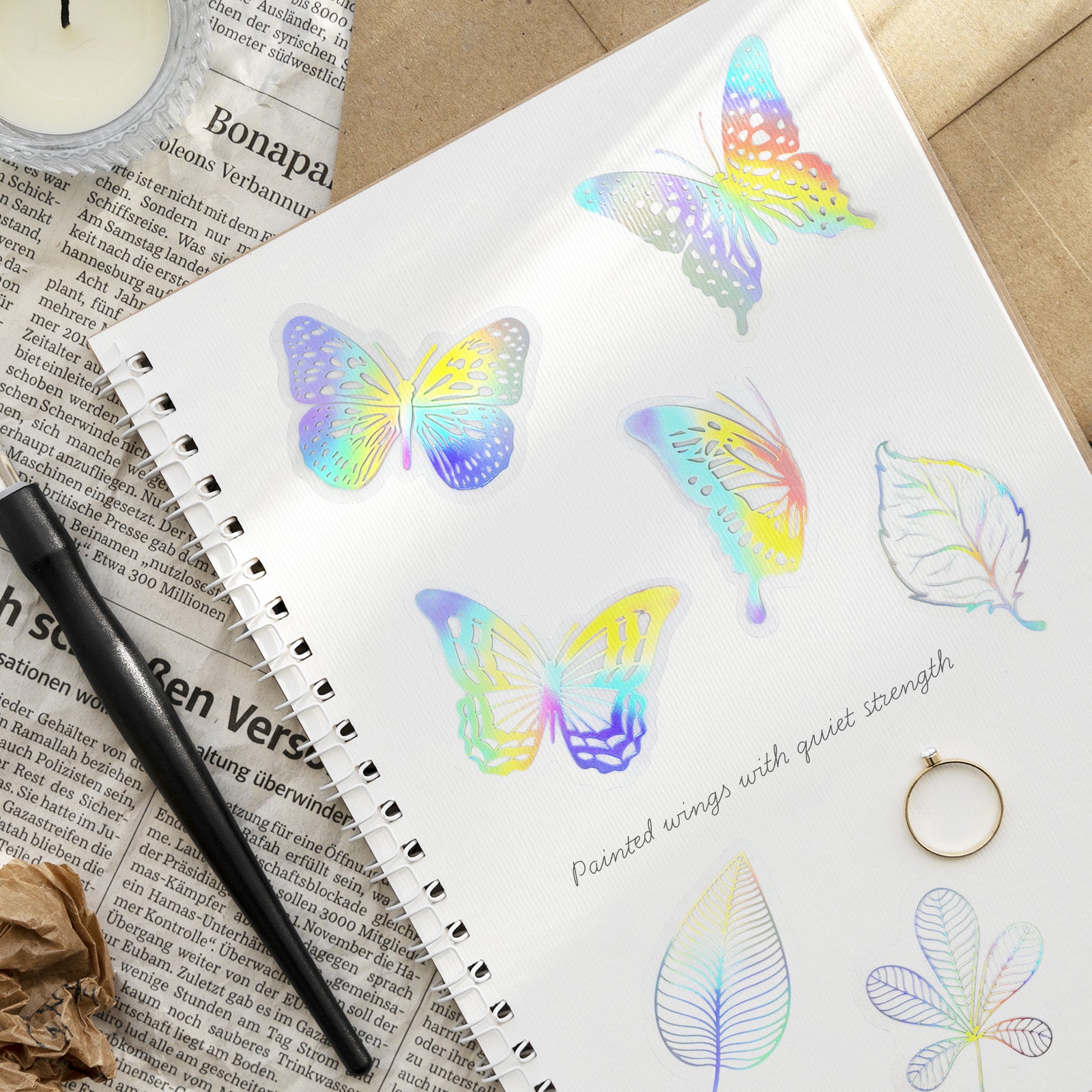 Wrapables Waterproof Transparent Holographic Glitter PET Butterfly and Leaf Stickers for Scrapbooking, Journaling, Water Bottles, Phones, (100pcs)