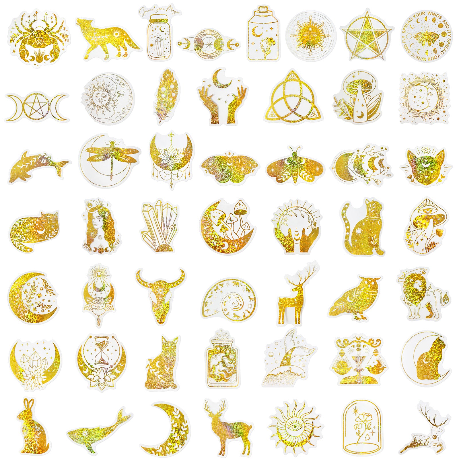 Wrapables Glittery Waterproof Transparent Holographic PET Spiritual Animals Stickers for Scrapbooking, Journaling, Water Bottles, Phones, (100pcs)