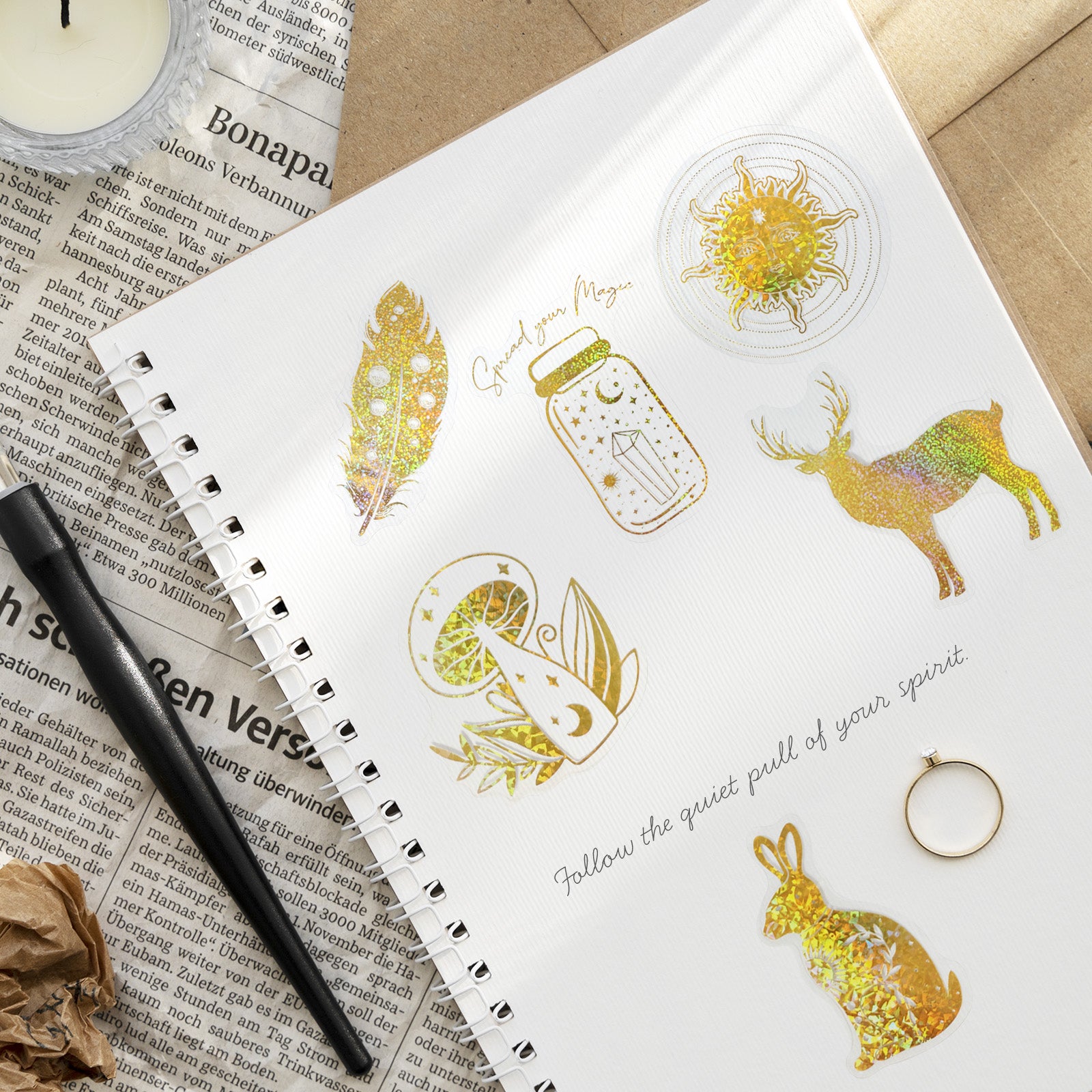 Wrapables Glittery Waterproof Transparent Holographic PET Spiritual Animals Stickers for Scrapbooking, Journaling, Water Bottles, Phones, (100pcs)