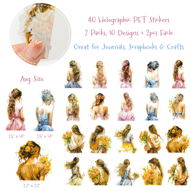 Wrapables Floral Fashion Women PET Scrapbooking Stickers for Junk Journals, Stationery, Water Bottles, Phones, Laptops (40pcs), Bouquet and Crown